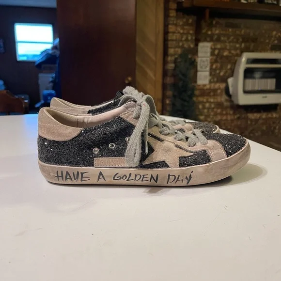 Golden Goose Superstar Women’s 38 (8) Black Glitter Have A Golden Day Sneakers - Picture 1 of 14
